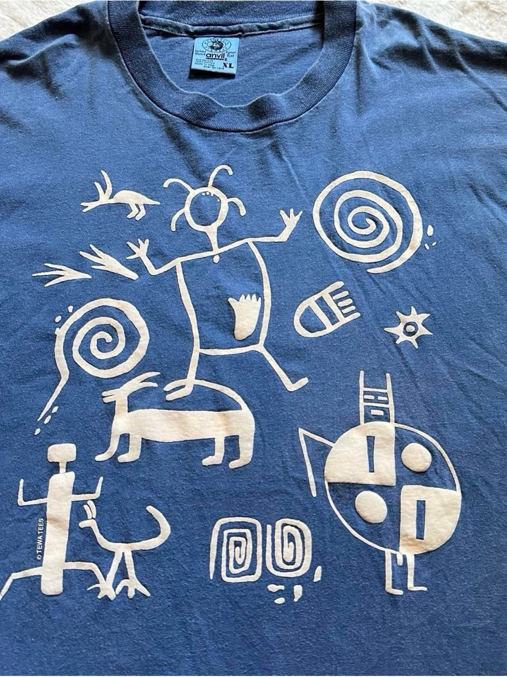 Vintage 1990a Anvil Blue Graphic Tee with White Tribal Motif XL